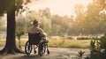 Back view of elder man sitting on a wheelchair and looking to the garden. Generative Ai