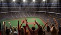 Back view of emotional people, football fans standing at crowded stadium during soccer match event in evening, cheering Royalty Free Stock Photo