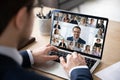 Back view of employee have online web conference with colleagues Royalty Free Stock Photo