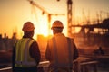 Back view of engineer and worker standing on construction site at sunset, engineer and construction team working at site over Royalty Free Stock Photo