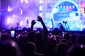 Back view of excited audience at night concert with hands raised, enjoying live music. Bright stage lights illuminate Royalty Free Stock Photo