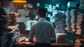 Back view of a man facing a mountain of paperwork, depicting stress and exhaustion in the workplace. Generative Ai