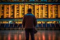 Back view of faceless man reading schedule and checking gate on flight information display system.AI generated Royalty Free Stock Photo