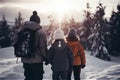 Back view of family with backpacks walking on snow in winter forest. Generative AI Royalty Free Stock Photo