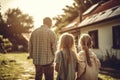 Back view of family of three looking at house. Generative AI