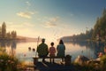 Back view of a father and son sitting on a pier and fishing in the lake at sunset, A family fishing trip at a quiet lakeside, AI Royalty Free Stock Photo