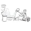 Back view of female barista with apron makes coffee for visitor in her coffee shop illustration vector hand drawn isolated on Royalty Free Stock Photo