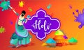 Back View of Female Dancing with Gulal and Water Gun, Happy Holi Colorful Font Message Over Vintage Frame against Splashing