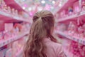 Back view of female girl child in toy shop full of shelves with stereotypical pink toys