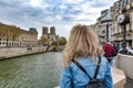 Back view of a female tourist observing a beautiful view