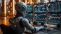 Back view of a financial analyst day trader robot working on computer with many screens that shows real-time stock data. Royalty Free Stock Photo