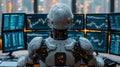 Back view of a financial analyst day trader robot working on computer with many screens that shows real-time stock data. Royalty Free Stock Photo