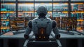 Back view of a financial analyst day trader robot working on computer with many screens that shows real-time stock data Royalty Free Stock Photo