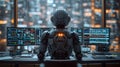 Back view of a financial analyst day trader robot working on computer with many screens that shows real-time stock data. Royalty Free Stock Photo