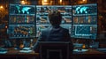 Back view of a financial analyst day trader working on computer with many screens that shows real-time stock data. Royalty Free Stock Photo