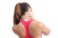 Back view of a fitness woman with neck pain