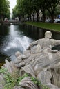 Back view on a fountain and the little river in dÃÂ¼sseldorf germany
