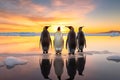 back view of four emperor penguins in arctic looking at sunset