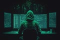 Back view of fraud hacker seating at desk , hacking. Generative AI