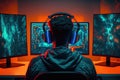 Back view of a gamer wearing headphones sitting in front of monitors in his neon-lit streaming room. Generative AI