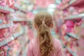 Back view of girl child in toy shop full of stereotypical pink toys