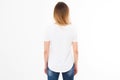 Back view girl in empty polo shirt background over white copy space