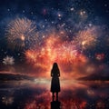 back view of a girl looking at the fire works generative AI Royalty Free Stock Photo