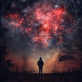 back view of a girl looking at the fire works on the sky generative AI Royalty Free Stock Photo