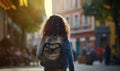 Back View of Girl with School Bag, Backpack Going Home From School Alone in City, Street Royalty Free Stock Photo