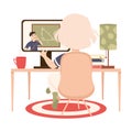 Back View of Girl Sitting at her Desk, Kid Studying Online Using Computer, Homeschooling, Distance Learning Concept