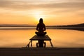 Back view gorgeous young relaxed happy female woman practicing yoga lotus pose mindful meditation lake water bridge