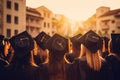 Back view of a group of graduates with diplomas on their heads, rear view graduation hats on university graduates at golden hour,