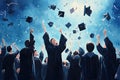 Back view of a group of graduates throwing caps in the air. Education concept. A group of graduates throwing graduation caps in Royalty Free Stock Photo