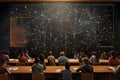 Back view of a group of people sitting in front of a blackboard with mathematical formulas on it