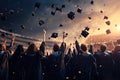 Back view of group of students throwing graduation caps at stadium. Mixed media, rear view of graduates throwing graduation caps Royalty Free Stock Photo