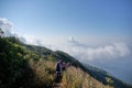 Back view, group of traveler walking on mountain, trekking on the Kew Mae Pan,Inthanon National Park