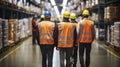 Back View, Group of warehouse workers wearing hardhats and reflective jackets walking in aisle between tall racks with packed