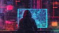 Back view of a hacker accessing digital interface with glowing blue code. Cybersecurity and hacking concept for design and print Royalty Free Stock Photo