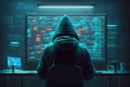 Back view of hacker in a hood with hidden face looks at the monitor screen with glowing code. Hacking and malware concept.