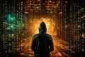 Back view of hacker in hoodie standing with binary code on background, Anonymous hacker, surrounded by a network of glowing data,
