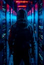 Back view of hacker in hoodie standing among illuminated servers