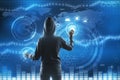 Hacker and blockchain screen