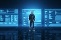 Back view of hacker looking at digital database folded on blurry blue background with reflections. Digital transformation, hacking Royalty Free Stock Photo