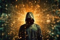 Back view of hacker standing in front of glowing binary code on dark background, Depict an anonymous hacker surrounded by a Royalty Free Stock Photo