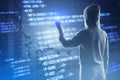 Back view of hacker using creative digital programming language on blurry background. Software developer, hacking, malware and Royalty Free Stock Photo