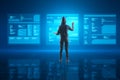 Back view of hacker using digital database folded on blurry blue background with reflections. Digital transformation, hacking, Royalty Free Stock Photo