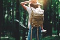 Back view on handsome traveler hipster girl with backpack and hat walking in forest among trees Royalty Free Stock Photo