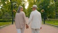 Back view happy Caucasian family old couple man woman holding hands walking together city park outside gray-haired Royalty Free Stock Photo