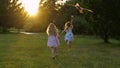 Back view of happy children running on nature flying colorful kite. Rear of two cute joyful girls run outdoor in park Royalty Free Stock Photo