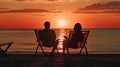 Back view of a happy couple enjoy luxury sunset on the beach. Generative AI Royalty Free Stock Photo